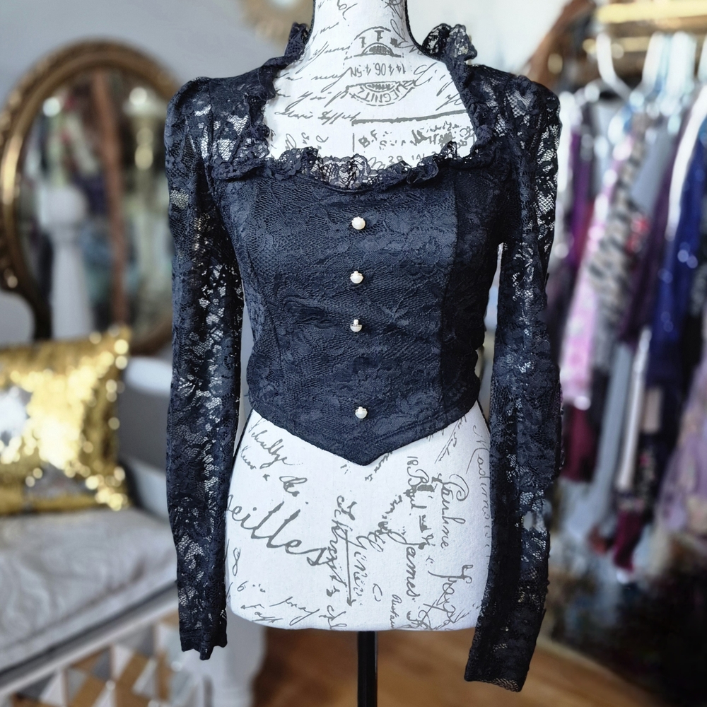 Romantic Black Lace Whimsigoth Goth Long-Sleeve Blouse Small